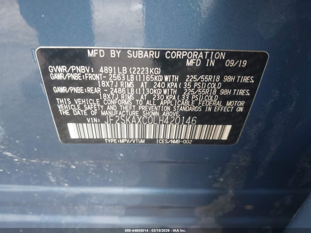 44605014 :رقم المزاد ، JF2SKAXC0LH420146 vin ، 2020 Subaru Forester Touring مزاد بيع