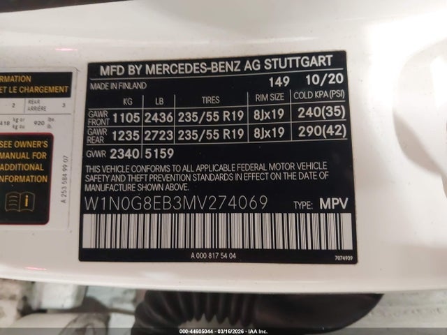 44605044 :رقم المزاد ، W1N0G8EB3MV274069 vin ، 2021 Mercedes-benz Glc 300 4matic Suv مزاد بيع