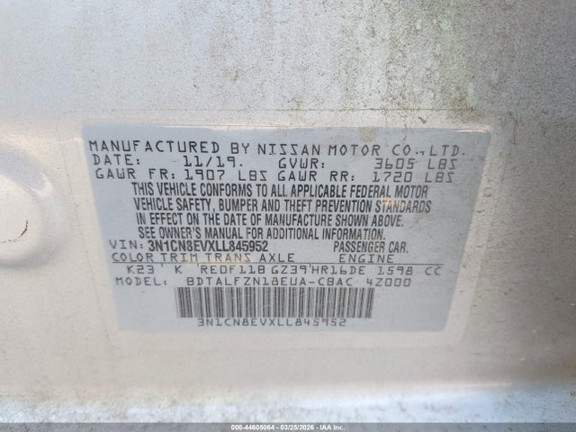 Aukcja sprzedaży 2020 Nissan Versa Sv Xtronic Cvt, vin: 3N1CN8EVXLL845952, numer aukcji: 44605064