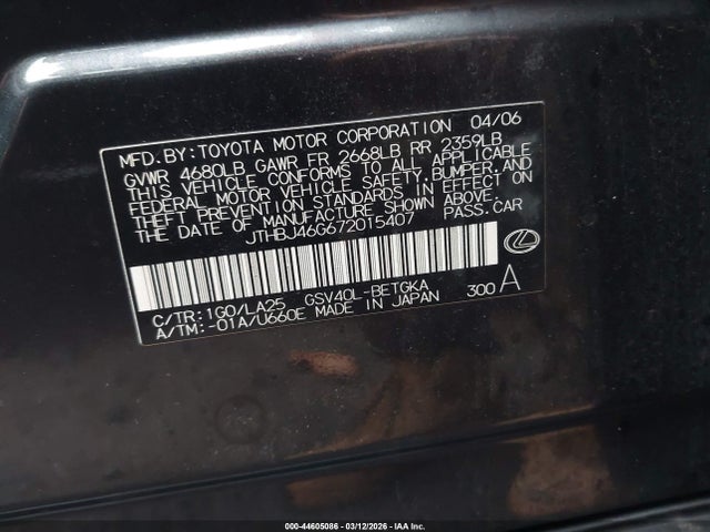 Aukcja sprzedaży 2007 Lexus Es 350, vin: JTHBJ46G672015407, numer aukcji: 44605086