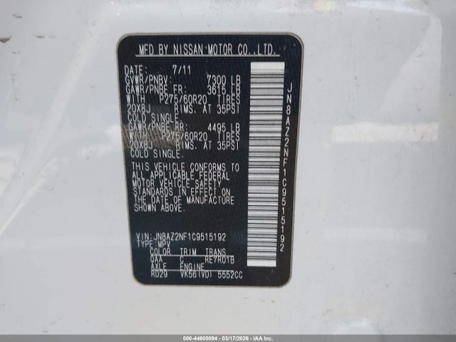 44605094 :رقم المزاد ، JN8AZ2NF1C9515192 vin ، 2012 Infiniti Qx56 مزاد بيع
