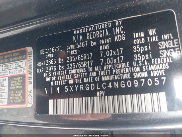 44605104 :رقم المزاد ، 5XYRGDLC4NG097057 vin ، 2022 Kia Sorento Lx مزاد بيع