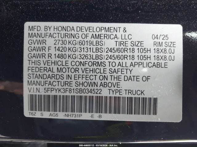 Продаж на аукціоні авто 2025 Honda Ridgeline Black Edition, vin: 5FPYK3F81SB034522, номер лоту: 44605112
