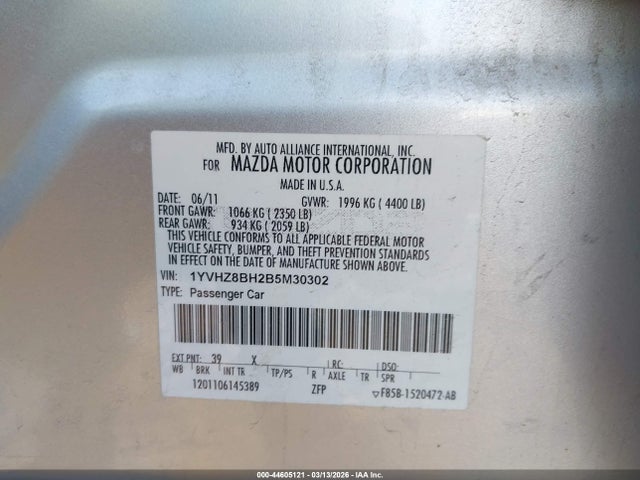 Aukcja sprzedaży 2011 Mazda Mazda6 I Sport, vin: 1YVHZ8BH2B5M30302, numer aukcji: 44605121