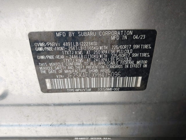 2023 Subaru Forester Premium მანქანა იყიდება აუქციონზე, vin: JF2SKAECXPH475096, აუქციონის ნომერი: 44605137