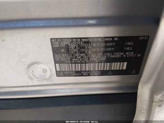 Aukcja sprzedaży 2021 Toyota Rav4 Le, vin: 2T3F1RFV4MC187387, numer aukcji: 44605176