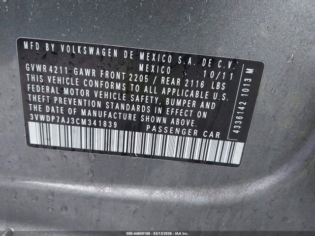 44605186 :رقم المزاد ، 3VWDP7AJ3CM341839 vin ، 2012 Volkswagen Jetta 2.5l Se مزاد بيع