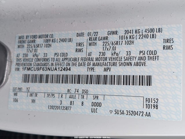 1FMCU9F63NUA12494 Ford ESCAPE S