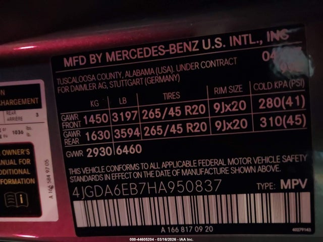 44605204 :رقم المزاد ، 4JGDA6EB7HA950837 vin ، 2017 Mercedes-benz Amg Gle 43 4matic مزاد بيع
