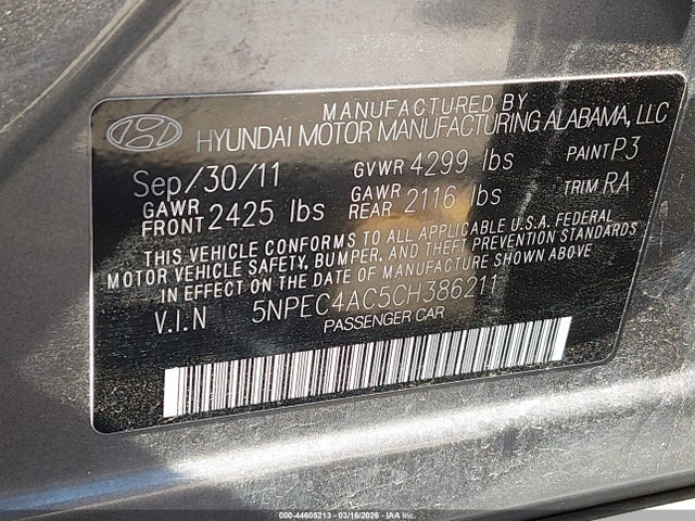 44605213 :رقم المزاد ، 5NPEC4AC5CH386211 vin ، 2012 Hyundai Sonata Limited مزاد بيع