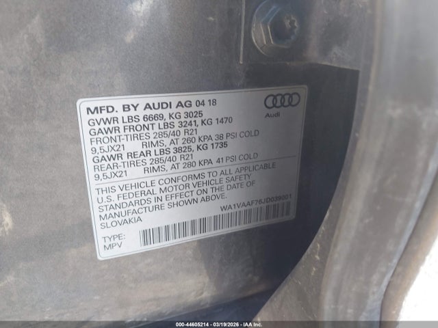 Продажа на аукционе авто 2018 Audi Q7 3.0t Premium, vin: WA1VAAF76JD039001, номер лота: 44605214
