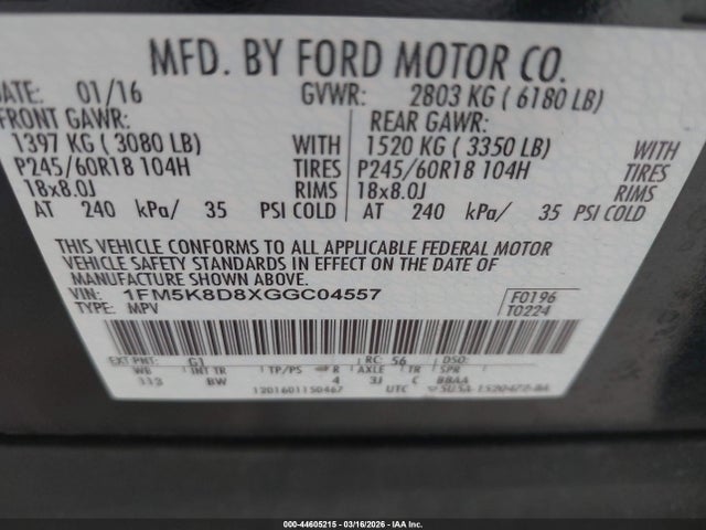 Ford EXPLORER XLT 2016 1FM5K8D8XGGC04557 Image 9