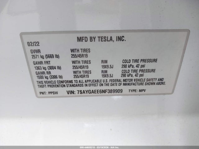 Aukcja sprzedaży 2022 Tesla Model Y Long Range Dual Motor All-wheel Drive, vin: 7SAYGAEE6NF389909, numer aukcji: 44605218