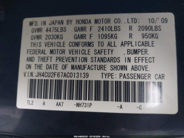 44605220 :رقم المزاد ، JH4CU2F67AC013139 vin ، 2010 Acura Tsx 2.4 مزاد بيع