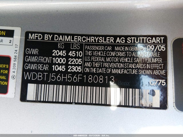 44605228 :رقم المزاد ، WDBTJ56H56F180813 vin ، 2006 Mercedes-benz Clk 350 مزاد بيع