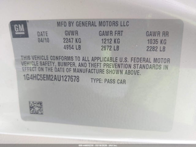 Продаж на аукціоні авто 2010 Buick Lucerne Cxl, vin: 1G4HC5EM2AU127678, номер лоту: 44605230