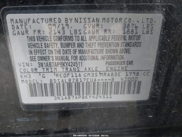 2019 Nissan Sentra S მანქანა იყიდება აუქციონზე, vin: 3N1AB7AP8KY424511, აუქციონის ნომერი: 44605250
