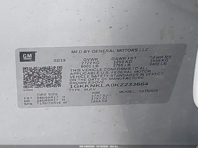 Продажа на аукционе авто 2019 Gmc Acadia Sle-1, vin: 1GKKNKLA0KZ233664, номер лота: 44605256