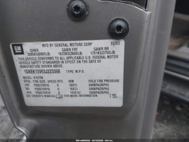 44605262 :رقم المزاد ، 1GKEK13V63J223398 vin ، 2003 Gmc Yukon Sle مزاد بيع