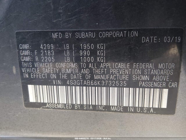 44605276 :رقم المزاد ، 4S3GTAB66K3732535 vin ، 2019 Subaru Impreza 2.0i مزاد بيع