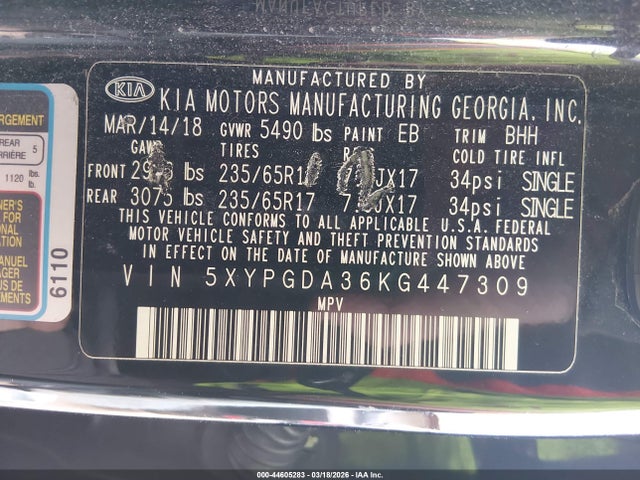 44605283 :رقم المزاد ، 5XYPGDA36KG447309 vin ، 2019 Kia Sorento 2.4l Lx مزاد بيع