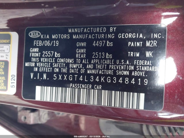 44605287 :رقم المزاد ، 5XXGT4L34KG348419 vin ، 2019 Kia Optima Lx مزاد بيع