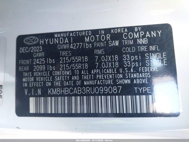 Aukcja sprzedaży 2024 Hyundai Kona Sel, vin: KM8HBCAB3RU099087, numer aukcji: 44605296