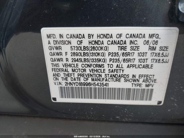 2006 Acura Mdx მანქანა იყიდება აუქციონზე, vin: 2HNYD18996H543541, აუქციონის ნომერი: 44605305