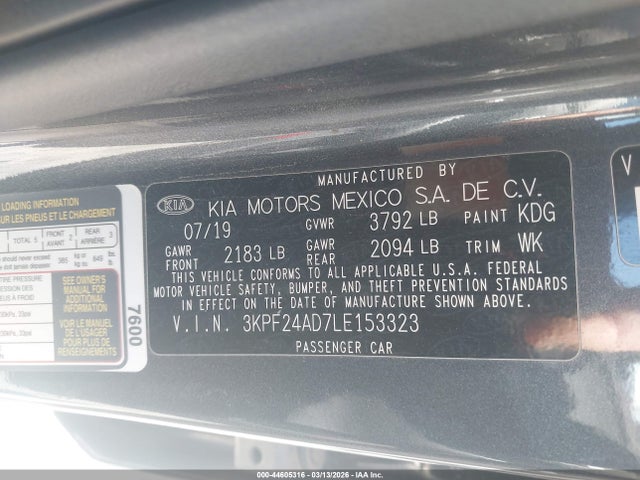 44605316 :رقم المزاد ، 3KPF24AD7LE153323 vin ، 2020 Kia Forte Fe مزاد بيع