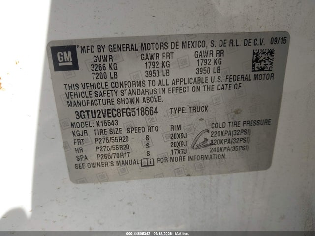 44605342 :رقم المزاد ، 3GTU2VEC8FG518664 vin ، 2015 Gmc Sierra 1500 Slt مزاد بيع