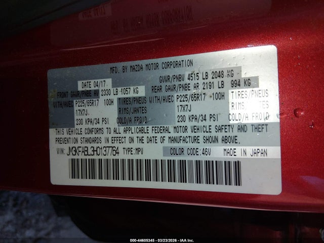 44605345 :رقم المزاد ، JM3KFABL3H0137764 vin ، 2017 Mazda Cx-5 Sport مزاد بيع
