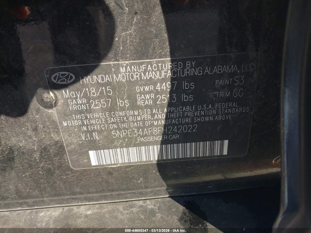 2015 Hyundai Sonata Limited მანქანა იყიდება აუქციონზე, vin: 5NPE34AF8FH242022, აუქციონის ნომერი: 44605347