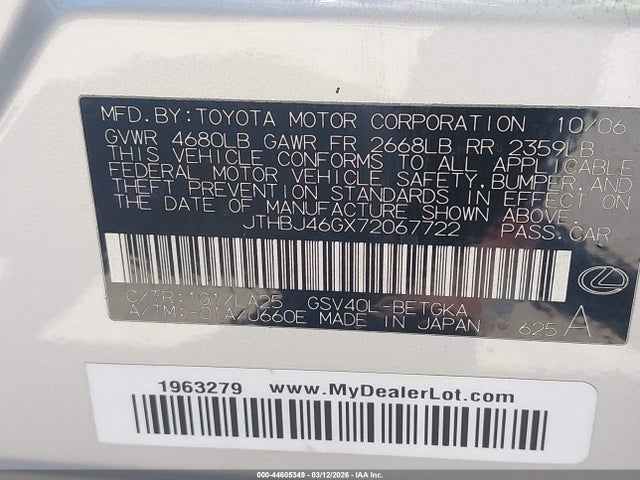 Aukcja sprzedaży 2007 Lexus Es 350, vin: JTHBJ46GX72067722, numer aukcji: 44605349