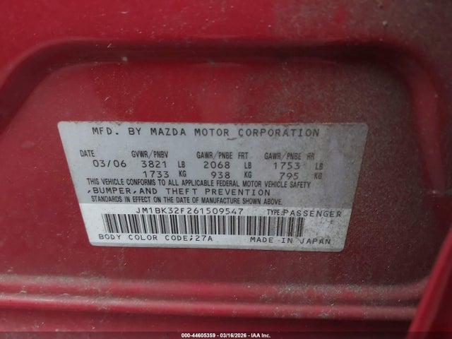 44605359 :رقم المزاد ، JM1BK32F261509547 vin ، 2006 Mazda Mazda3 I مزاد بيع