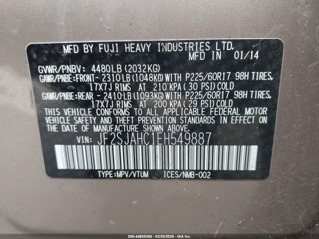44605368 :رقم المزاد ، JF2SJAHC1EH549887 vin ، 2014 Subaru Forester 2.5i Limited مزاد بيع