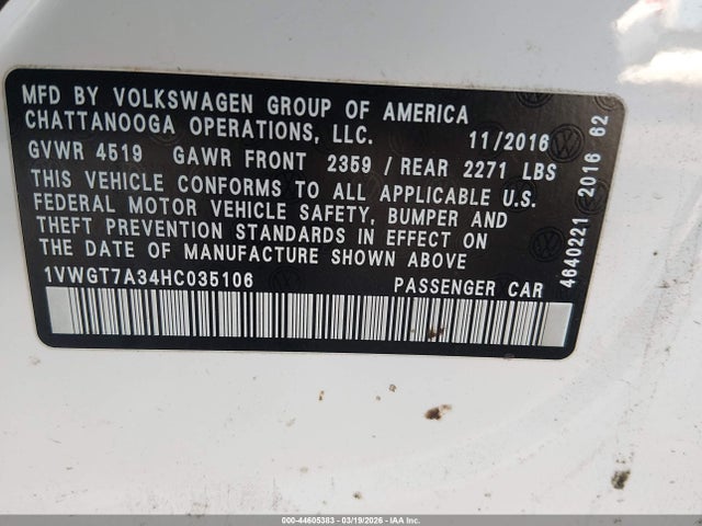 44605383 :رقم المزاد ، 1VWGT7A34HC035106 vin ، 2017 Volkswagen Passat 1.8t Se مزاد بيع