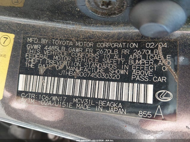 Auction sale of the 2004 Lexus Es 330, vin: JTHBA30G745030320, lot number: 44605387