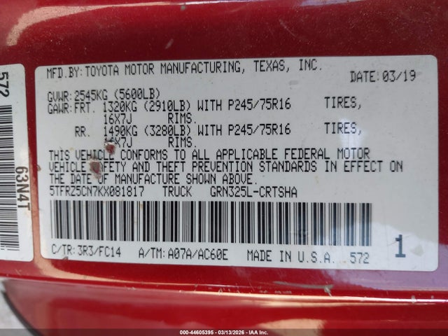 5TFRZ5CN7KX081817 Toyota Tacoma Sr5 V6