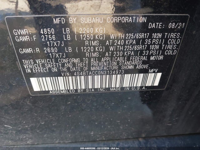 Auction sale of the 2022 Subaru Outback Premium, vin: 4S4BTACC0N3134973, lot number: 44605398