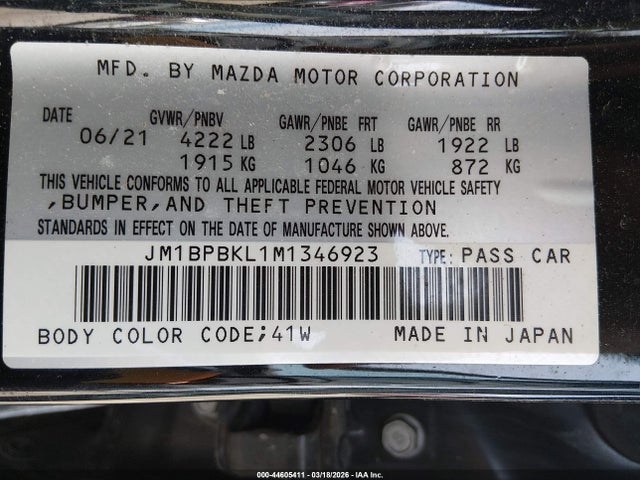 44605411 :رقم المزاد ، JM1BPBKL1M1346923 vin ، 2021 Mazda Mazda3 Select مزاد بيع