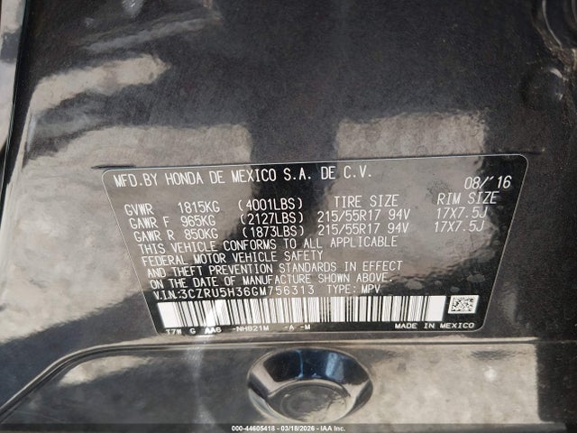 Aukcja sprzedaży 2016 Honda Hr-v Lx, vin: 3CZRU5H36GM756313, numer aukcji: 44605418