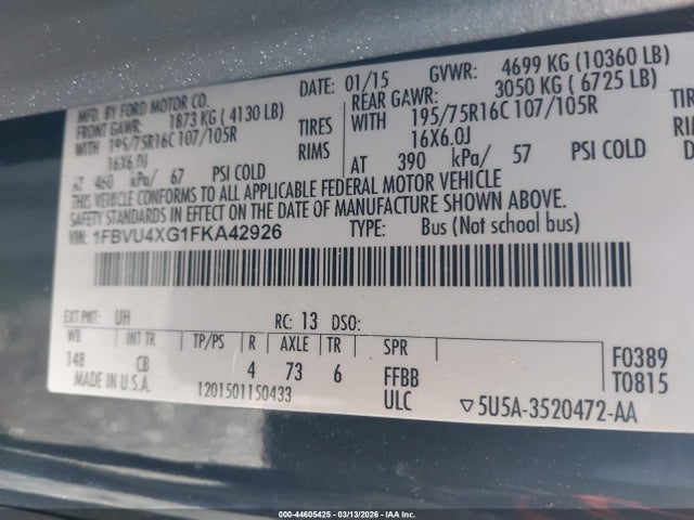 Продаж на аукціоні авто 2015 Ford Transit-350 Xlt, vin: 1FBVU4XG1FKA42926, номер лоту: 44605425