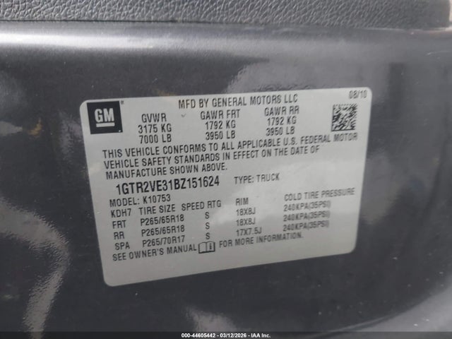 44605442 :رقم المزاد ، 1GTR2VE31BZ151624 vin ، 2011 Gmc Sierra 1500 Sle مزاد بيع