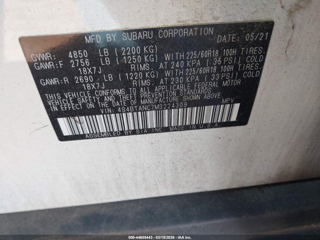 2021 Subaru Outback Limited მანქანა იყიდება აუქციონზე, vin: 4S4BTANC7M3224309, აუქციონის ნომერი: 44605443