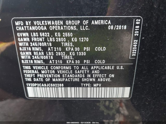 Продажа на аукционе авто 2018 Volkswagen Atlas 2.0t Se/2.0t Se W/technology, vin: 1V2DP2CA9JC592266, номер лота: 44605453