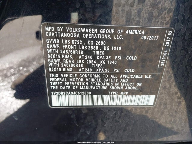44605475 :رقم المزاد ، 1V2DR2CA3JC512809 vin ، 2018 Volkswagen Atlas 3.6l V6 Se/3.6l V6 Se W/technology مزاد بيع