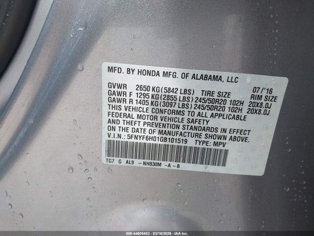 5FNYF6H01GB101519 Honda Pilot Elite