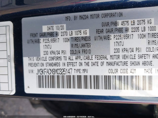 2021 Mazda Cx-5 Touring მანქანა იყიდება აუქციონზე, vin: JM3KFACM8M0325147, აუქციონის ნომერი: 44605509