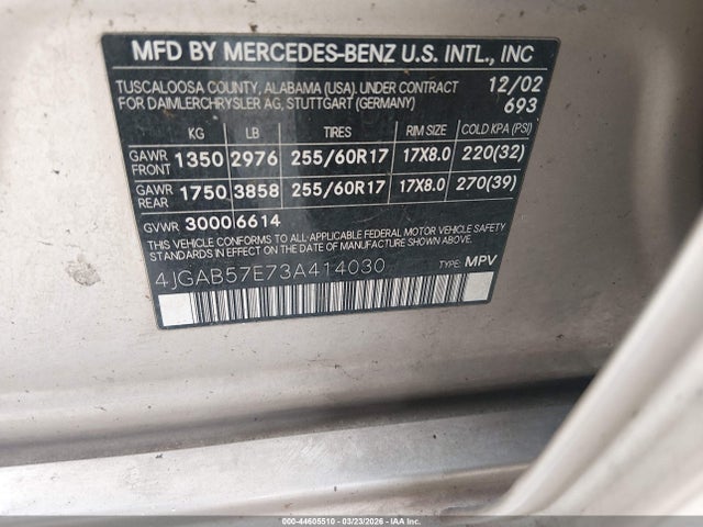 Auction sale of the 2003 Mercedes-benz Ml 350, vin: 4JGAB57E73A414030, lot number: 44605510