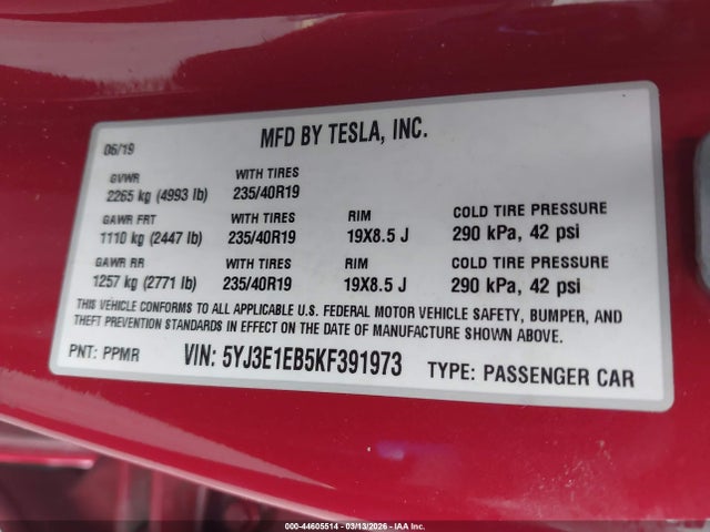 2019 Tesla Model 3 Long Range/performance მანქანა იყიდება აუქციონზე, vin: 5YJ3E1EB5KF391973, აუქციონის ნომერი: 44605514